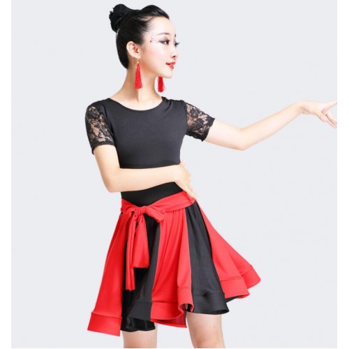 wholesale Girls latin dance dresses patchwork black red green competition salsa rumba chacha dance dresses